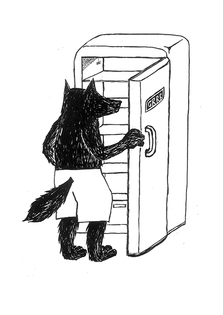 dessin du loup et de son frigo vide par Françoise Rogier