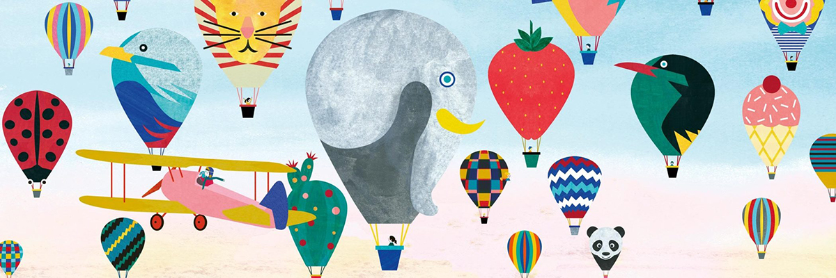 panoramique de montgolfières issu de l'album "De l’autre côté du carrousel" par Teresa Arroyo Corcobado (éd. Versant Sud Jeunesse - coll. Les pétoches !)