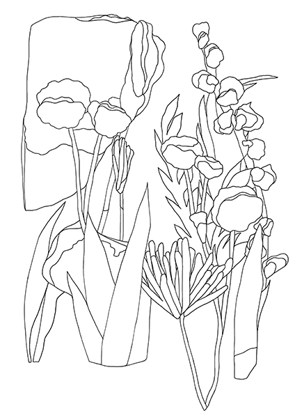 Image à colorier réalisée par Valentine Laffitte et représentant des fleurs. Cette image est proposée dans le cadre de Colorie, c'est du belge