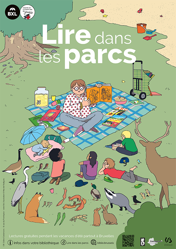 Affiche de Lire dans les parcs 2022. Des enfants et des parents se détendent dans un parc et écoutent un animateur qui lit des livres.